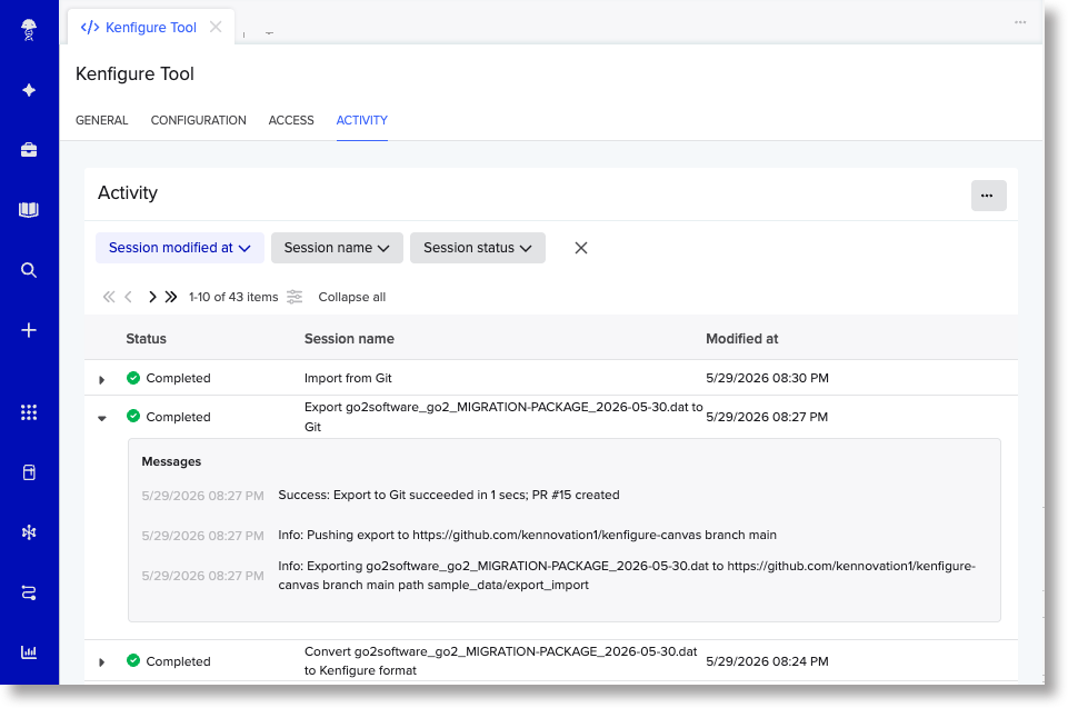 Screenshot: Activity log showing a few entries, with one expanded to show detail messages