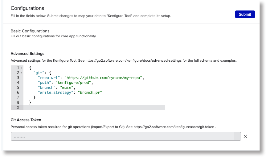 Screenshot: The CONFIGURATION tab showing the Advanced Settings and Git Access Token fields