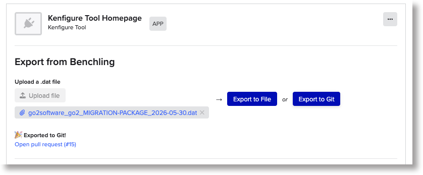 Screenshot: Export section showing the "Open pull request" link after a successful Export to Git with branch_pr