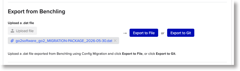 Screenshot: Export section with a .dat file uploaded, before clicking a button