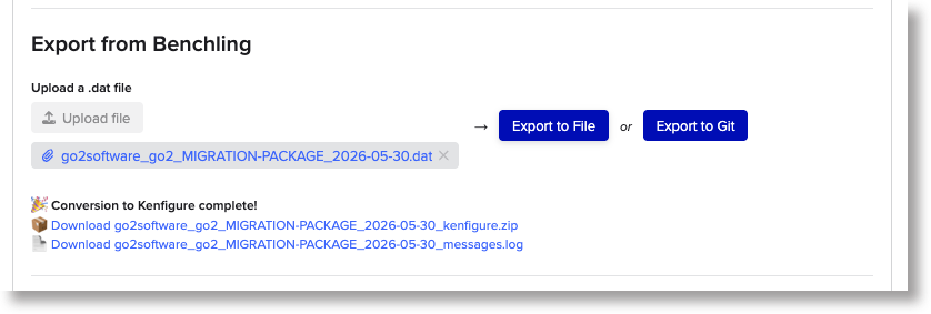 Screenshot: Export section showing the download link after a successful Export to File