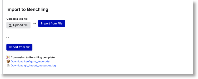 Screenshot: Import section showing the download link after a successful Import from Git
