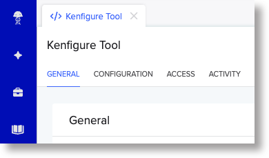 Screenshot: App Home page showing the four tabs: GENERAL, CONFIGURATION, ACCESS, ACTIVITY